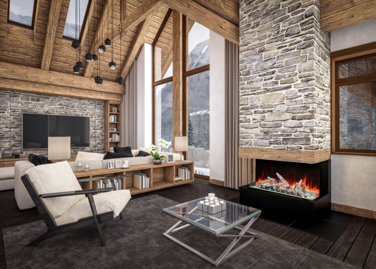 3D rendering of living room, kitchen and dining room and stair are combined in one area of chalet. Rafter beam system decorates the interior.