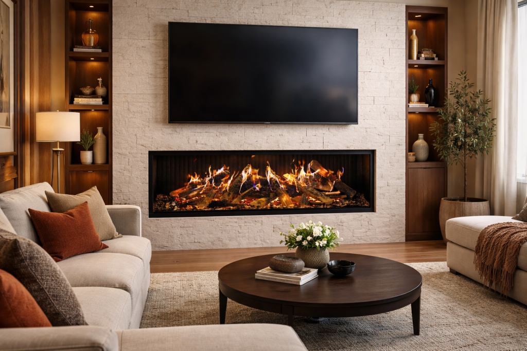 Luxury Modern Living Room with Amantii Signature MultiView Holo 55-Inch Electric Fireplace