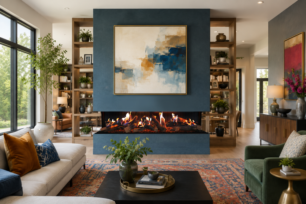 Modern Room Featuring the Amantii Signature MultiView Holo 75-Inch 3-Sided Electric Fireplace